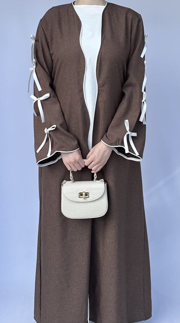 Brown Bow Sleeve Open Abaya - Image 3
