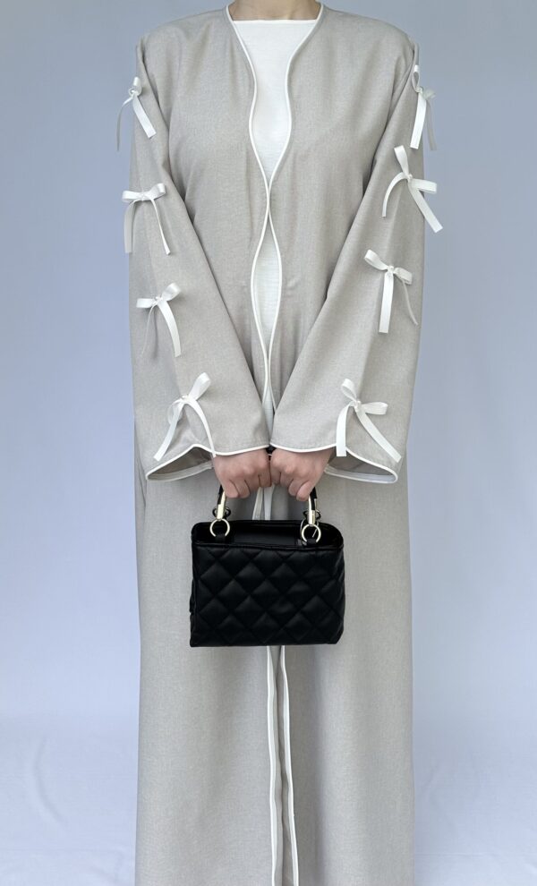 Light Grey Bow Sleeve Open Abaya - Image 3