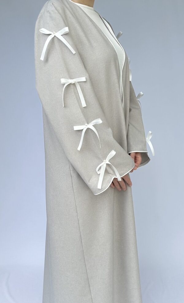 Light Grey Bow Sleeve Open Abaya - Image 2
