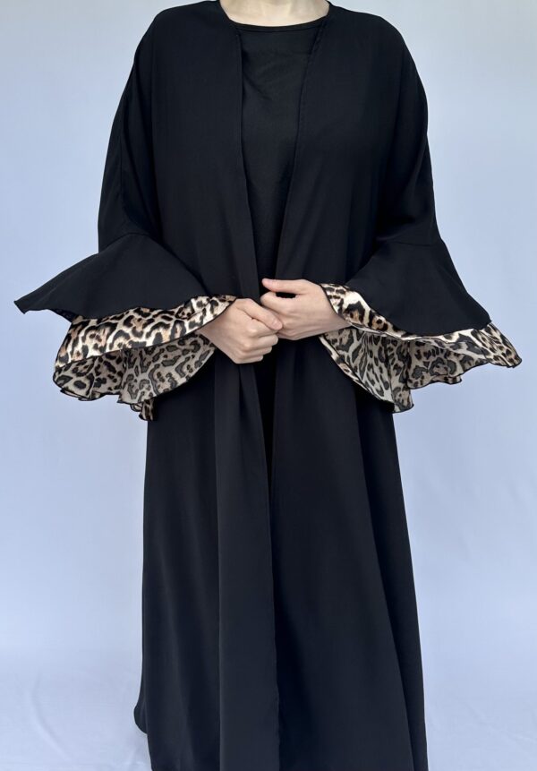Black Open Abaya with Leopard Print - Image 2
