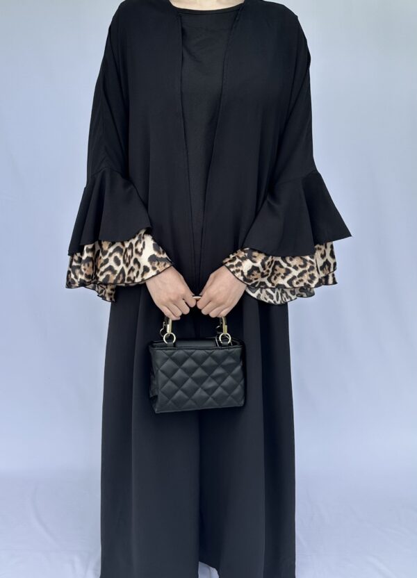Black Open Abaya with Leopard Print - Image 3