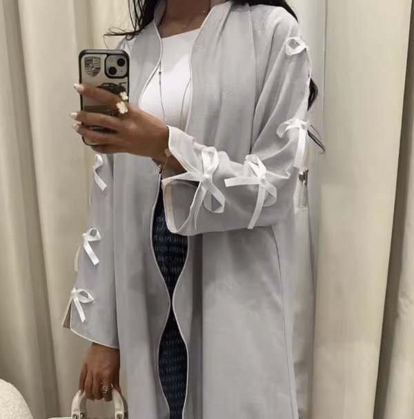 Light Grey Bow Sleeve Open Abaya - Image 4